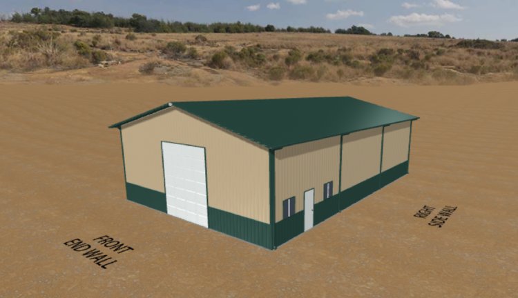 3D rendering of blue and white steel building on grassy field.