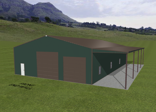Green metal building with side lean-to in Oregon field