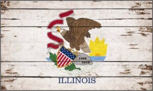 The Illinois state seal on a wooden background.