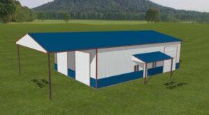 Blue-roof metal building rendering with lean-to and porch