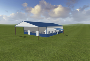 3D-rendered metal building with blue gable roof