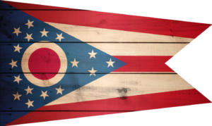 Ohio state flag on rustic wooden planks background